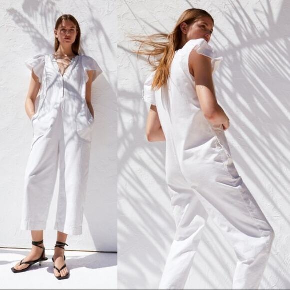 Zara White Rustic Jumpsuit Bloggers fav Size M Wide leg Belted - Picture 1 of 16